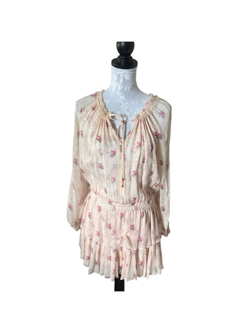 Love Shack Fancy Floral Popover Mini Dress Pink Silk Womens Medium